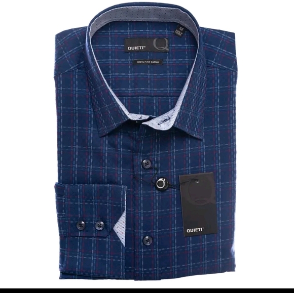 NEW Quieti Mens Dobby Plaid Flip Cuff Fine Cotton Shirt Med Dress Luxurious - Picture 12 of 15